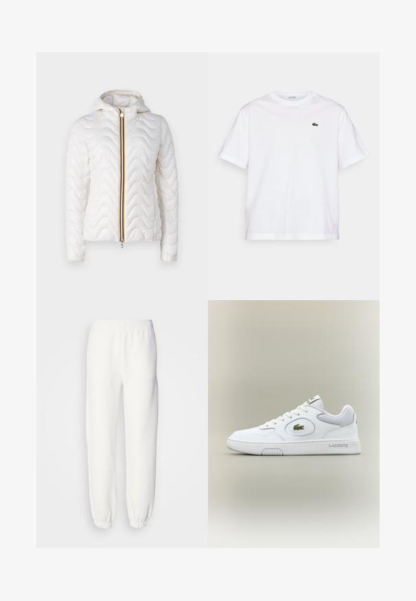 K-Way QUILTED WARM - Light jacket - white gardenia; White cotton T-shirt with a round neckline and short sleeves. Features a green embroidered logo on the chest. Soft texture, relaxed fit.; White sweatpants made of soft, knitted fabric. Elastic waistband and cuffs provide a relaxed fit. Minimalist design, no visible patterns or accents.; White leather sneaker with mesh accents, round toe, and flat laces. Features a green crocodile logo and "LACOSTE" branding on the heel.
