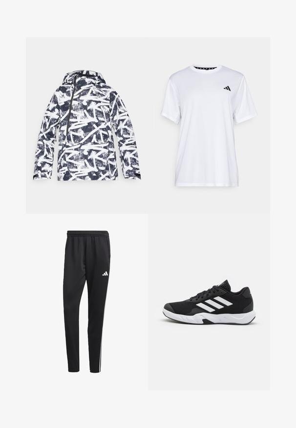Grafická printová bunda s námořnickým a bílým abstraktním designem, vodotěsný materiál, kapuce, přední zip a boční kapsy.; Bílý sportovní tričko s krátkými rukávy, vyrobené z materiálu odvádějícího vlhkost. Na levé straně hrudi se nachází černé logo a vnitřní límec je vzorovaný.; Černé sportovní kalhoty s elastickým pasem, bílými bočními pruhy a malým bílým logem na stehně. Vyrobené z hladkého, lehkého materiálu.; Černé sportovní boty s texturovaným síťovaným svrškem, bílými akcentními pruhy, polstrovanou podrážkou a vyztuženým patem pro podporu.