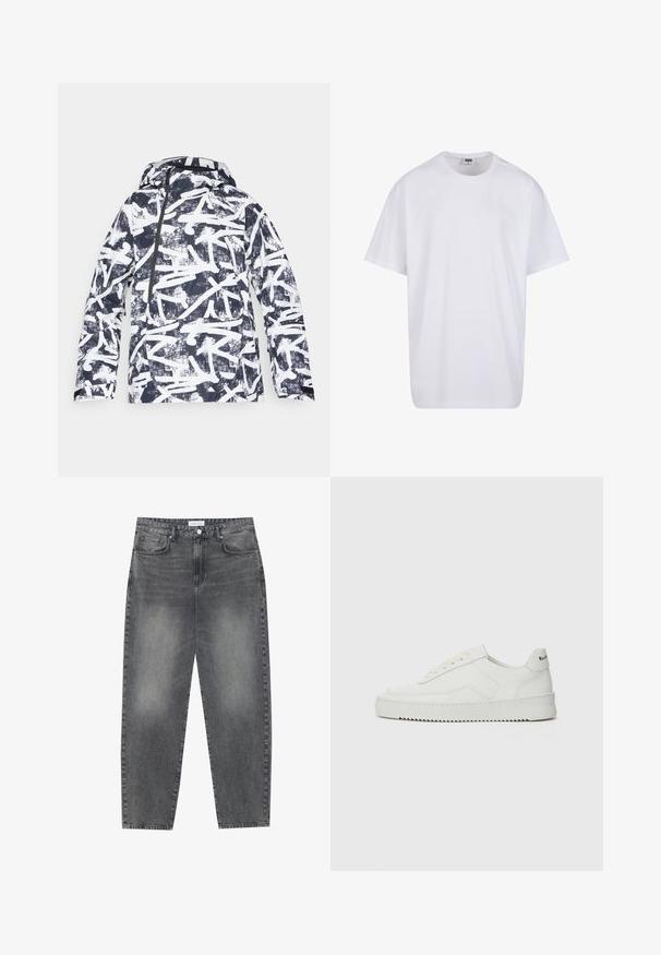 Grafikdruckjacke mit abstraktem Design in Marineblau und Weiß, wasserdichtem Material, Kapuze, Frontreißverschluss und seitlichen Taschen.; Weiße Baumwoll-T-Shirt mit kurzen Ärmeln, rundem Ausschnitt, lockerer Passform und ohne sichtbare Logos oder Muster. Glatte Textur und minimalistisches Design.; Hoch taillierte, locker sitzende Jeans aus verwaschenem schwarzem Denim. Verfügt über fünf Taschen, Gürtelschlaufen und ein sauberes, gerades Bein-Design.; Weiße Ledersneaker mit glatter Oberfläche, runder Zehenpartie, flachen Schnürsenkeln und strukturiertem Sohlenprofil. Mit einem dezenten Logo an der Ferse.