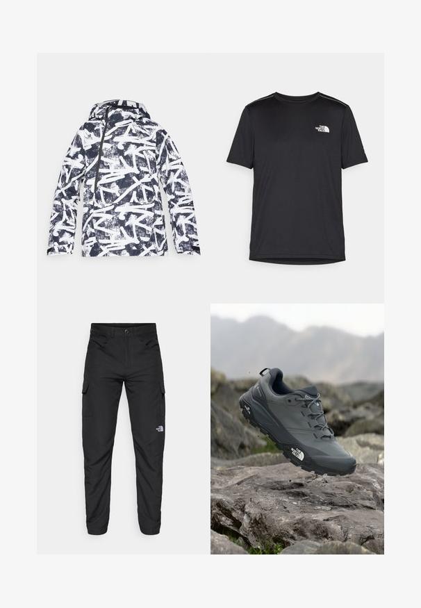 Kurtka z graficznym nadrukiem w niebiesko-białym abstrakcyjnym wzorze, wykonana z wodoodpornego materiału, z kapturem, frontowym zamkiem błyskawicznym oraz bocznymi kieszeniami.; Czarny t-shirt z krótkim rękawem, wykonany z lekkiego materiału. Posiada małe białe logo na lewej piersi oraz subtelne akcenty na ramionach.; The North Face HORIZON czarny; Szare buty do biegania w terenie z teksturową cholewką, trwałą gumową podeszwą i wzmocnionym noskiem. Posiadają sznurowadła oraz logo marki z boku.