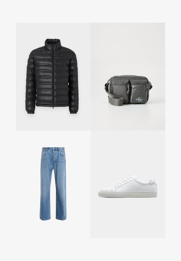 Black puffer jacket with a high collar, zip front, and ribbed cuffs. Features horizontal quilting and a small logo on the chest. Lightweight material.; Long-sleeve, mock-neck shirt in light cream cotton. Smooth texture, relaxed fit, minimalist design, no visible patterns or accents.; Light blue denim jeans with a straight-leg design, five pockets, button closure, minimal fading, and contrasting stitching details.; White sneaker with a smooth leather upper and a low profile. Features a rounded toe, six eyelets, and a textured rubber sole.; Gray nylon crossbody bag with two zippered front pockets, adjustable strap, and logo accent. Smooth texture with a modern design.
