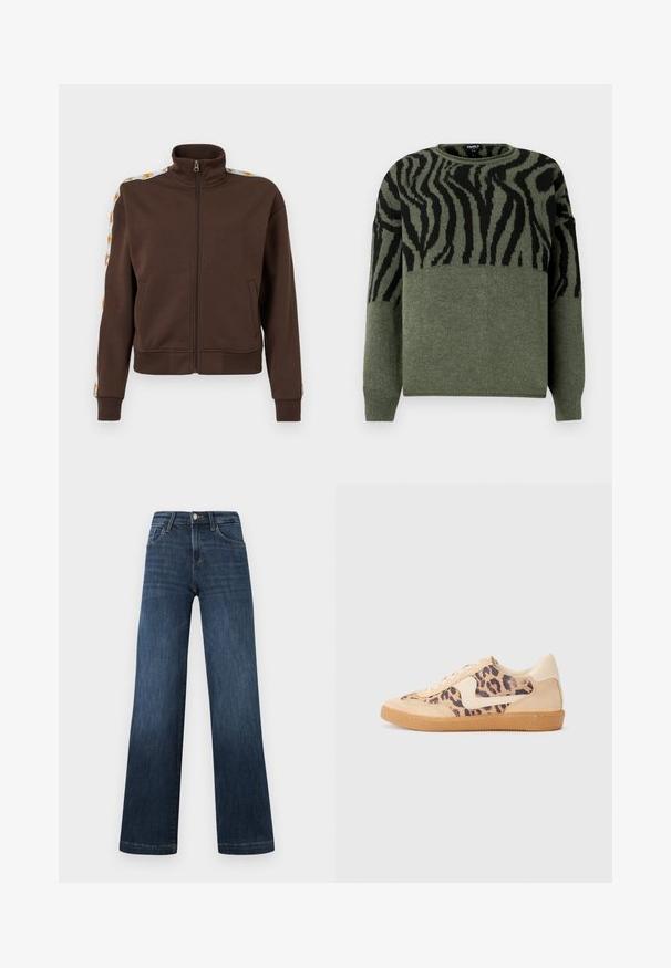 Hnedá zip-up bunda z mäkkého materiálu, s vysokým golierom, bočnými vreckami a vzorovanými akcentmi pozdĺž ramien. Hrebienkové manžety a lem.; Svetr so zebrovaným vzorom v tmavozelenej a čiernej farbe, pletená textúra, okrúhly výstrih, dlhé rukávy, s kontrastným dizajnom na hore.; Tmavomodré džíny z denimu so širokým strihom, obsahujúce päť vreciek a predné zapínanie na gombík. Hladká textúra a klasické švy.; Tenisky s leopardím vzorom, s béžovým semišovým zvrškom, svetlohnedou gumovou podrážkou a bielymi akcentmi. Okrúhla špička a šnurovací dizajn s textúrovaným povrchom.