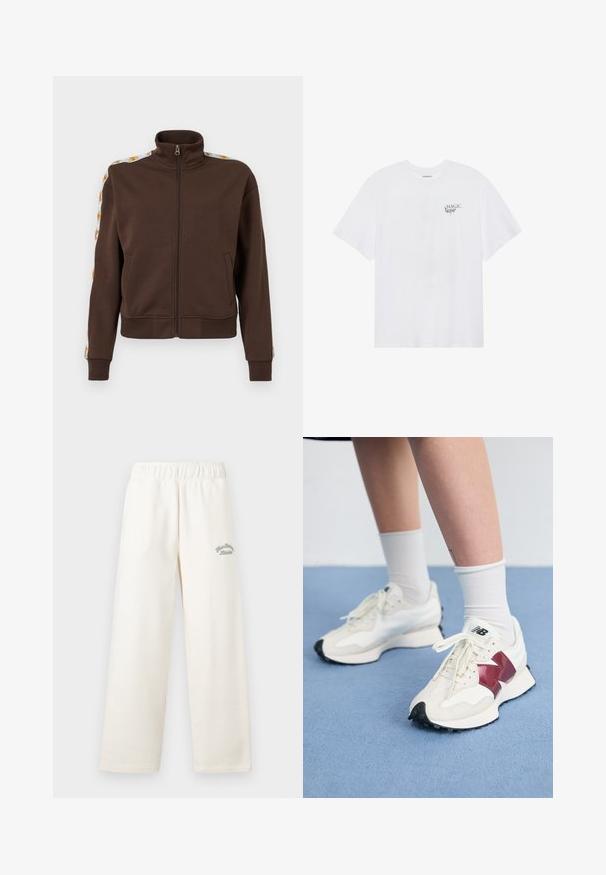 Braune Zip-Jacke aus weichem Material mit hohem Kragen, seitlichen Taschen und gemusterten Akzenten an den Schultern. Gerippte Bündchen und Saum.; Even&Odd T-Shirt print - white; Cremfarbene, weit geschnittene Hose aus weichem Material mit einem elastischen Bund. Auf der Vorderseite ist dezent grüner Sticktext zu sehen.; Ein Paar weiße Sneakers mit kastanienbraunen Akzenten, strukturierten Paneelen, flacher schwarzer Außensohle und hellen Schnürsenkeln, getragen mit weißen Knöchelsocken.
