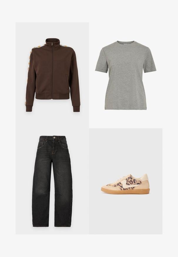 Braon jakna na zip od mekanog materijala, s visokim izrezom, bočnim džepovima i uzorkovanim detaljima duž ramena. Rebrasti rukavi i donji rub.; Siva pamučna majica s klasičnim okruglim izrezom, kratkim rukavima i glatkom teksturom, pogodna za svakodnevno nošenje.; Crne traperice s ravnim nogavicama, pet džepova, vidljivim šavovima i prednjim kopčanjem na gumb. Teksturirani materijal s blagim izblijeđivanjem.; Tenisice s uzorkom leoparda, bež nubuk gornjištem, smešnim gumenim đonom i bijelim detaljima. Okrugli vrh i dizajn s vezicama s teksturiranom završnom obradom.