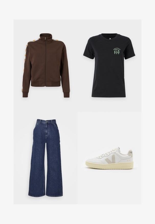 Bruine zip-up jas van zachte stof, met een hoge kraag, zijzakken en patroonelementen langs de schouders. Ribgebreide manchetten en zoom.; Converse FOREST ART TEE - T-shirt print - black; Brede denim jeans in donkerblauw, met een hoge taille, zijzakken en een ritssluiting met een metalen knop. Gladde textuur en klassiek ontwerp.; Witte leren sneaker met beige suède accenten, geperforeerde neus, platte veters en een gestructureerde crèmekleurige zool. Heeft subtiele branding op de hak.