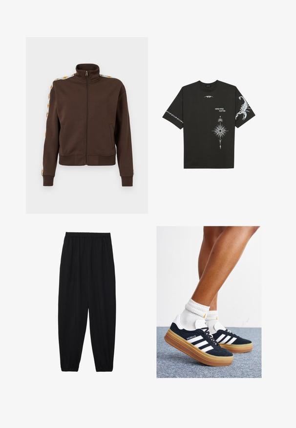 Casaco castanho com fecho éclair em tecido suave, apresentando um colarinho alto, bolsos laterais e detalhes estampados ao longo dos ombros. Punhos e barra canelados.; T-shirt de algodão preto com estampas gráficas brancas, incluindo um escorpião e designs abstratos. Mangas curtas; decote redondo.; Calças pretas, leves, com um cinto elástico e punhos franzidos. O tecido é suave e apresenta um design relaxado e afunilado.; Ténis de camurça preta com riscas e detalhes brancos, biqueira arredondada, sola em borracha cor de goma, combinados com meias brancas caneladas até à altura do tornozelo.