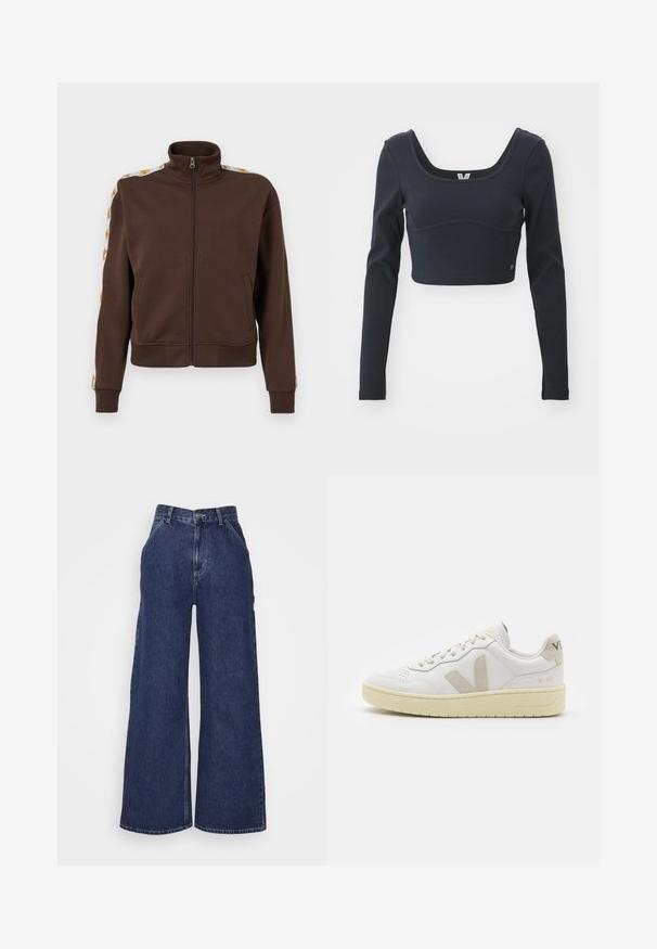 Brun zip-jacka i mjukt material, med en hög krage, sidofickor och mönstrade detaljer längs axlarna. Ribbstickade ärmslut och fåll.; Svart långärmad cropped topp i ribbad textur, med en vid rund halsringning och en figurnära silhuett, prydd med en subtil varumärkeslogotyp.; Breda denimjeans i mörkblått, med hög midja, framfickor och dragkedja med metallknapp. Slät textur och klassisk design.; Vita lädersneakers med beige mockadetaljer, perforerad tåbox, platta snören och en texturerad krämfärgad sula. Har diskret varumärkning på hälen.