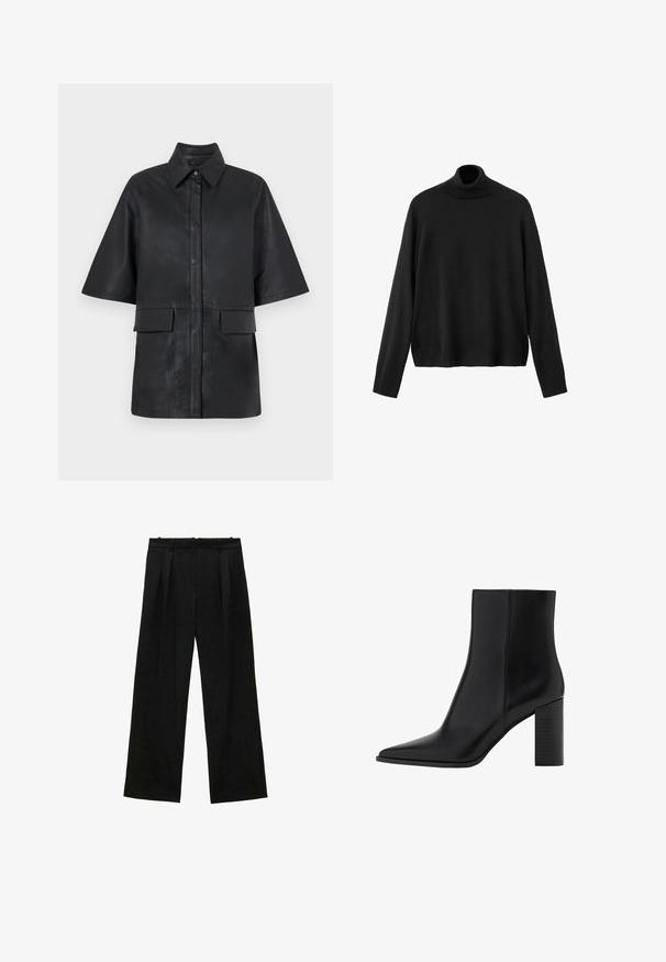 Černá kožená oversized košile s límečkem, krátkými rukávy, vpředu na knoflíky a dvěma předními náprsními kapsami. Hladká textura.; Černý rolákový svetr z pleteného materiálu s dlouhými rukávy, přiléhavým límcem a mírně zkráceným lemem. Hladká textura, jednobarevný.; Černé široké kalhoty s plisováním, s hladkou texturou a vysokým pasem. Minimalistický styl, žádné viditelné kovové prvky nebo ozdoby.; Černé kožené kotníkové boty s špičatou špičkou, čtveratým podpatkem, hladkou texturou a švy podél spojů. Výška podpatku je přibližně 8,9 centimetrů.