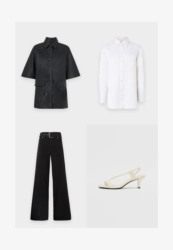 Melna ādas pārmēra krekla jaka ar apkakli, īsām piedurknēm, priekšējo pogu aizdari un divām priekšējām kabatām. Gluda tekstūra.; Balts linu krekls ar norādītu apkakli, garām piedurknēm un pogu aizdariem. Iezīmē relaksētu piegriezumu un gludu tekstūru.; Melna platā kāju bikses, izgatavotas no kokvilnas, ar augstu jostasvietu, lieliem sānu kabatām un jostu ar sudraba detaļām.; Beige bloku papēžu sandales ar plānām siksnām un kvadrāta formas purngalu. Gluda materiāla virsma ar minimālām detaļām, paredzētas ērtai nēsāšanai.