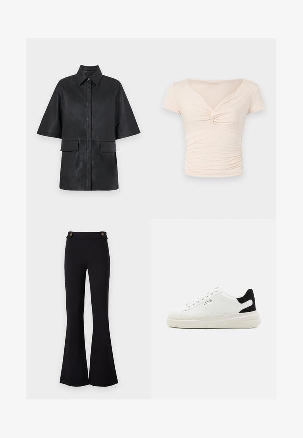 Zwarte leren oversized overhemdjas met een kraag, korte mouwen, een sluiting met knopen aan de voorkant en twee voorzakken. Glad textuur.; Lichtbeige kort-mile top met V-hals en draai detail aan de voorkant, met geplooide textuur aan de zijkanten voor een aansluitend ontwerp.; Zwarte flared broek van rekbaar materiaal. Met twee goudkleurige knopen aan de taille. Gladde textuur en aansluitend rondom de heupen.; Witte leren sneakers met een dikke witte zool, zwarte suède hielaccent en een geperst logo op de zijkant. Vetersluiting met zes oogjes.