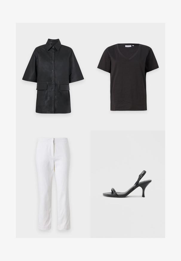 Black leather oversized shirt jacket with a collar, short sleeves, front button closure, and two front patch pockets. Smooth texture.; Black cotton T-shirt with a V-neck and short sleeves. Simple design with a regular fit and no patterns or accents.; White cotton pants with a straight leg design, featuring a mid-rise waist and no visible hardware or patterns. Smooth texture throughout.; Black leather high-heeled sandals with a slim, curved heel and a crossed strap design. Adjustable ankle strap. Smooth texture.