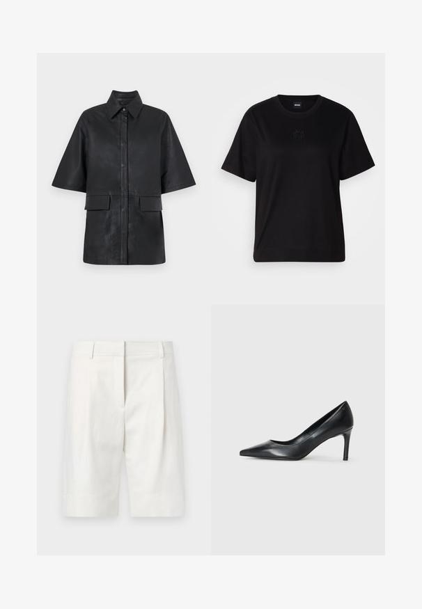Black leather oversized shirt jacket with a collar, short sleeves, front button closure, and two front patch pockets. Smooth texture.; Black cotton t-shirt with a crew neckline, short sleeves, and an embroidered logo on the chest. Simple, relaxed fit with no patterns.; Light-colored tailored shorts made of cotton, featuring a flat front, pleats, and a straight cut. Smooth texture with a classic finish.; Black leather pointed-toe pump with a slim heel, smooth texture, and no visible embellishments. Clean design with a minimalist aesthetic.