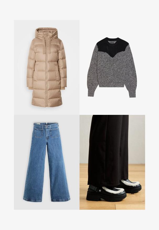 Marc O'Polo Daunenmantel - soft mocca; Gestrickter Pullover in Schwarz und Grau. Besitzt eine strukturierte schwarze Passe und ein V-förmiges Design. Lange Ärmel mit gerippten Bündchen; weiche, grobe Textur.; Blaue High-Waist Weitbeinejeans mit vorderen aufgesetzten Taschen, Gürtelschlaufen, Knopfverschluss und Reißverschluss auf einem schlichten Hintergrund.; Schwarze Plateauschuhe mit einem weißen, pelzigen Saum, runder Spitze und einem Riemen mit einem Metallknopf. Getragen mit schwarzen Hosen auf einem Holzboden.