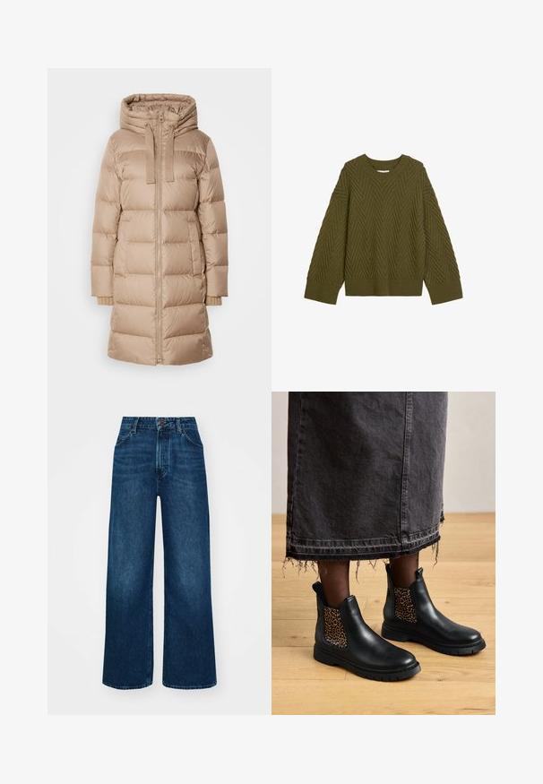 Marc O'Polo Daunenmantel - soft mocca; Olivgrüner Strickpullover mit einem strukturierten Zickzackmuster, Rundhalsausschnitt sowie gerippten Bündchen und Saum. Geeignet für die Freizeit.; Hochtaillierte, weit geschnittene Jeans in dunkelblauem Denim mit glatter Textur, Kontrastnähten und einem Fünf-Taschen-Design. Verschluss mit einem Frontknopf.; Schwarze Leder-Ankle-Boots mit Leopardenmuster-Verzierungen, runden Zehen und strukturierten Sohlen, getragen mit einem ausgefransten schwarzen Jeansrock.
