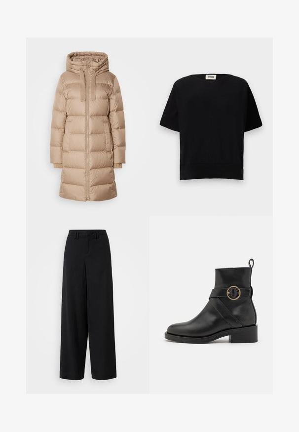 Marc O'Polo Down coat - soft mocca; DRYKORN SOMELI - Basic T-shirt - black; Black wide-leg trousers made of smooth fabric, featuring a flat-front design, pleated details, and belt loops at the waistband.; BOSS IRYNA BOOTIE - Platform ankle boots - black