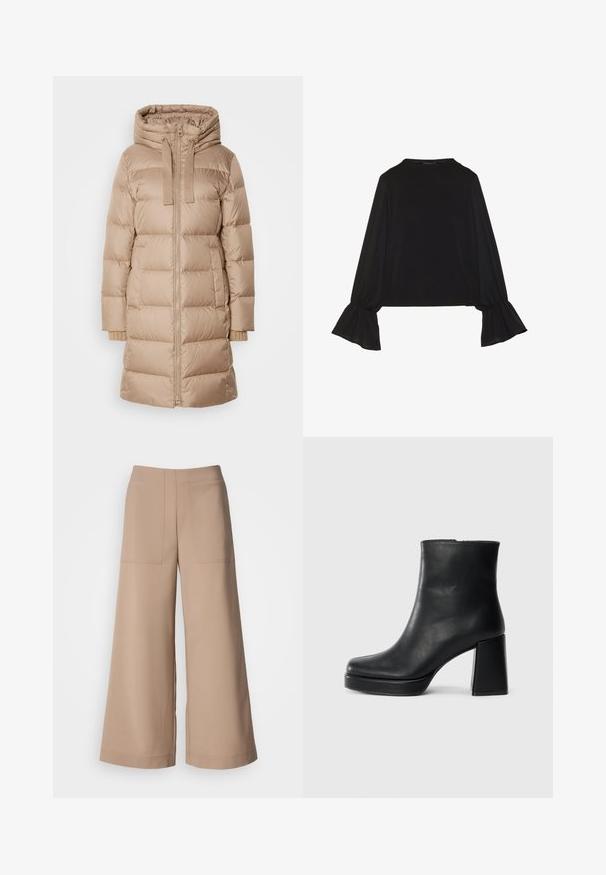 Marc O'Polo Down coat - soft mocca; Black long-sleeve top featuring flared cuffs, soft texture, and a relaxed fit, with a simple round neckline.; Wide-leg trousers in a light beige fabric. Features two front patch pockets, flat waistband, and smooth texture with a tailored finish.; Black leather ankle boot with a block heel and platform sole, viewed from the side on a plain white background.
