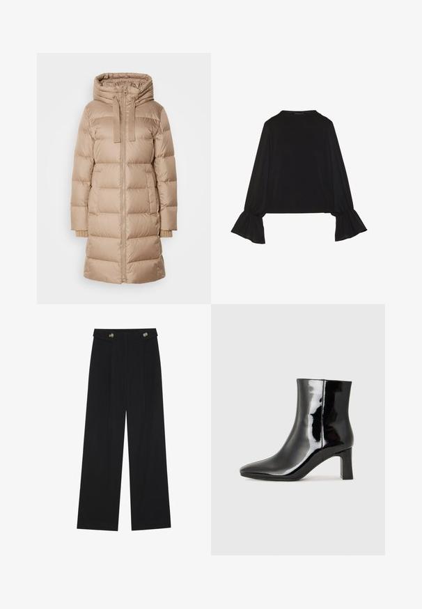 Marc O'Polo Down coat - soft mocca; Black long-sleeve top featuring flared cuffs, soft texture, and a relaxed fit, with a simple round neckline.; Black wide-leg trousers with high waist, button details on waistband, and front pleats.; Black patent leather ankle boot with a pointed toe and a mid-height block heel. Smooth texture and minimalist design.
