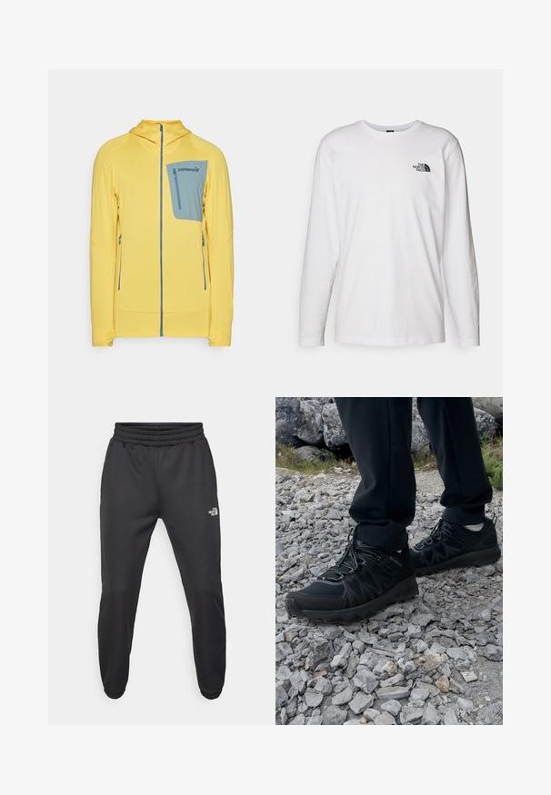 Gelbe Zip-Jacke mit einem strukturierten Muster, ausgestattet mit einer blauen Brusttasche und Seitentaschen. Kapuzen-Design mit kontrastierenden Akzenten.; Weißes langärmliges T-Shirt aus Baumwolle mit Rundhalsausschnitt. Verfügt über ein kleines schwarzes Logo auf der Brust. Glatte Textur, reguläre Passform.; Schwarze Jogginghose mit verstellbarem Bund, schlanker Passform, elastischen Bündchen und einem kleinen weißen Logo am linken Oberschenkel, hergestellt aus glattem Stoff.; Schwarze Outdoor-Schuhe aus Mesh und synthetischem Material, mit einer strukturierten Oberseite, gesichertem Schnürsystem und griffiger Laufsohle, auf felsigem Gelände.