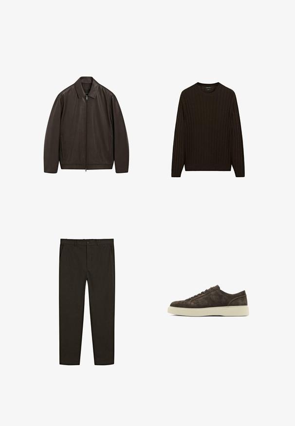 Donkerbruine leren jas met volledige rits aan de voorkant, puntige kraag en verticale zijzakken, gepresenteerd op een witte achtergrond.; Bruine geribbelde trui met lange mouwen en een ronde hals. Heeft een gestructureerde stof en een strakke pasvorm bij de taille en de manchetten.; Donkerbruine, geweven stofbroek met een recht model, voorzakken en een knoopsluiting op de taille. Glad textuur.; Bruine fluwelen sneakers met een gladde textuur, ronde neus, platte rubberen zool en een eenvoudig vetersluiting ontwerp. Subtiele stiksels aan de zijkanten.