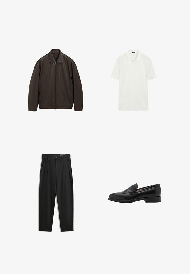 Giacca in pelle marrone scuro con cerniera frontale completa, colletto a punta e tasche laterali verticali, esposta su uno sfondo bianco.; Polo bianca realizzata in tessuto polo, con colletto, maniche corte e taglio dritto con chiusura a tre bottoni.; Pantaloni in cotone neri con una vestibilità rilassata, dotati di una vita classica, pieghe frontali e tasche laterali. Tessuto liscio senza fantasie.; Mocassini in pelle nera con punta cucita e tacco piatto. Texture liscia con punta arrotondata e una fascia decorativa sopra il collo del piede.
