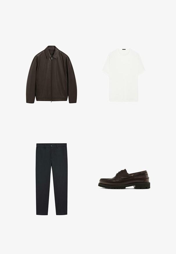 Ciemnobrązowa skórzana kurtka z pełnym zamkiem z przodu, spiczastym kołnierzem i pionowymi kieszeniami bocznymi, eksponowana na białym tle.; Biała koszulka z krótkim rękawem wykonana z miękkiego materiału. Posiada klasyczny okrągły dekolt i prosty krój, bez widocznych wzorów czy akcentów.; Czarne spodnie o prostym kroju, wykonane z gładkiego materiału. Posiadają dwie kieszenie z przodu oraz zapięcie na guzik w talii.; Brązowy skórzany but z zaokrąglonym noskiem, wiązanym fasonem, solidną podeszwą i dekoracyjnym przeszyciem. Posiada metalowe oczka po bokach.