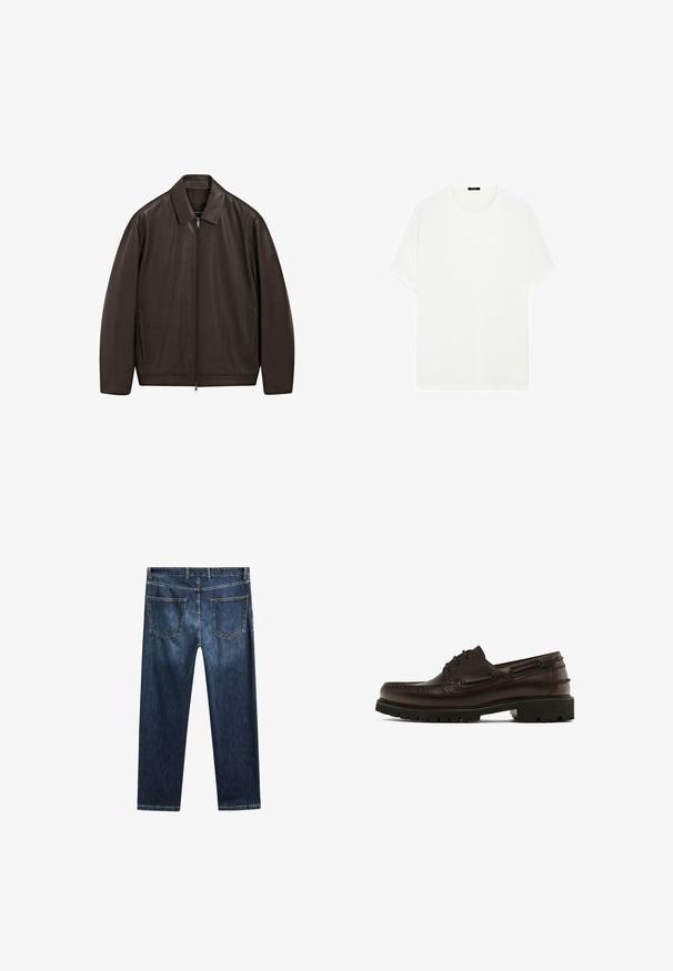 Mørkebrun læderjakke med fuld frontlynlås, spidse kraver og lodrette sidelommer, vist på en hvid baggrund.; Hvid kortærmet t-shirt lavet af blødt stof. Har en klassisk rund halsudskæring og en lige pasform, uden synlige mønstre eller accenter.; Mørkeblå denimbukser med lige ben, fem lommer og kontrasterende syninger. Har et rent liv og en enkel afslutning.; Brun lædersko med rund tå, snørebåndsdesign, robust sål og dekorativ syning. Har metaløjer på siderne.