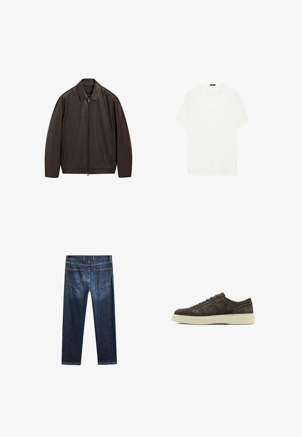 Mørkebrun læderjakke med fuld frontlynlås, spidse kraver og lodrette sidelommer, vist på en hvid baggrund.; Hvid kortærmet t-shirt lavet af blødt stof. Har en klassisk rund halsudskæring og en lige pasform, uden synlige mønstre eller accenter.; Mørkeblå denimbukser med lige ben, fem lommer og kontrasterende syninger. Har et rent liv og en enkel afslutning.; Brune ruskind sneakers med en glat tekstur, rund tå, flad gummisål og enkelt snøredesign. Subtile stikninger på siderne.