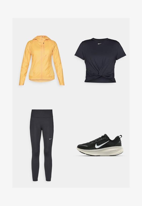 Könnyű, zipzáras dzseki élénk sárga színben. Kapucnival, hosszú ujjakkal és két oldalsó zsebbel rendelkezik. Simább textúrájú, elegáns kialakítású.; Fekete sportpóló sima anyagból, elöl megkötős dizájnnal, a mellkason egy kis fehér Nike logóval.; Fekete leggings elasztikus anyagból, magas derékkal és fehér Nike logóval a bal combon. Simább textúra, testhez álló kialakítás.; Fekete Nike futócipő légáteresztő hálós felsőrésszel, fehér Swoosh logóval, textúrázott részletekkel és krém színű ZoomX középtalppal.