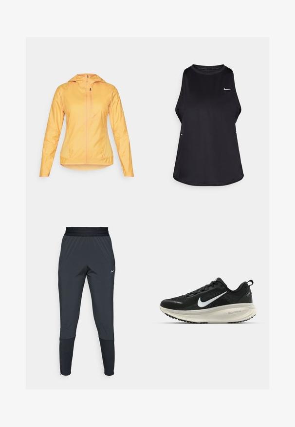 Kerge, lukuga särk erksas kollases värvis. Omab kapuutsi, pikki varrukaid ja kahte küljetaskut. Sile tekstuur ja voolav disain.; Must have musta vaba varrukaga jooksu särk, mis on valmistatud kergest materjalist, ümar kaelus; sisaldab diskreetset logo ja külgmisi lõhesid, et tagada hingavus.; Nike spordipüksid tumeshallis, kitsa jala disainiga, elastse vöökoha ja aktsentdetailidega pahkluude lähedal.; Musthave mustus Nike jooksujalats, millel on hingav võrgust ülemine osa, valge swoosh logo, tekstuuriga detailid ja kreemja värvusega ZoomX vahevöö.