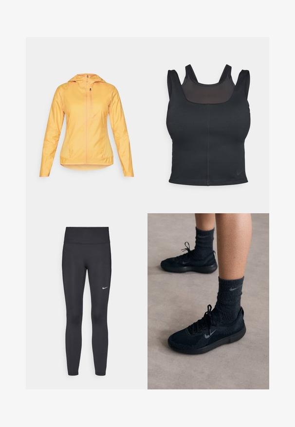 Kerge, lukuga särk erksas kollases värvis. Omab kapuutsi, pikki varrukaid ja kahte küljetaskut. Sile tekstuur ja voolav disain.; Mustmust milano spordirinnahoidja, millel on lähedane disain, laiad rihmad ja ees olev võrgusilm. Sile tekstuur ja minimaalne õmblus. Nike logo alläärs.; Mustad mustadest leggingid, mis on valmistatud venivast kangast, kõrge vöökoha ja valge Nike logo abil vasakul reiel. Sile tekstuur, keha järgiv disain.; Mustad mustad Nike tossud tekstuurilise kudumisega pealisega, millel on hall swooshi logo, koos tumedate ribakudumiga sokkidega. Tasane kummitald.