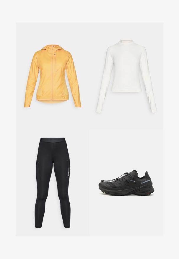 Letthæftet, lynlåset jakke i klare gull. Har hætte, lange ærmer og to sidelommer. Glat tekstur og strømlinet design.; Langærmet hvid sportstrøje med høj hals og lille centralt logo på brystet, vist på en ensfarvet baggrund.; Sorte atletiske leggings med en tætsiddende pasform, lavet af strækbart materiale. Har sidelommer og hvid "TERREX" branding.; Sorte trail løbesko med en tekstureret overdel, mesh-paneler og et sikkert lukkesystem. Har en robust ydersål for godt greb.