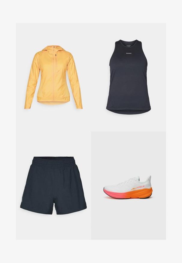 Lightweight, zip-up jacket in bright yellow. Features a hood, long sleeves, and two side pockets. Smooth texture and sleek design.; Dark gray athletic tank top made of textured fabric; features a crew neck and the brand "SALOMON" printed in white on the front.; Dark navy athletic shorts made of lightweight fabric. Elastic waistband, loose fit, and no visible pockets or patterns.; White athletic shoe with a textured upper, featuring a colorful gradient sole in orange and pink, and a prominent logo on the side.