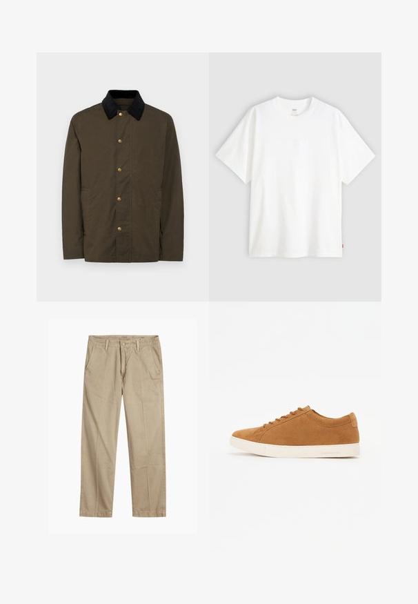 Khaki jacka med guldknappslås, svart kordkrage, sidofickor och en enkel, rak passform. Slät textur, lätt material.; Vit kortärmad t-shirt i bomull med rund halsringning. Har en subtil präglad logotypdetalj framtill och en röd etikett vid fållen.; Beige rak ben chinos med bälteshällor, framknapp och dragkedja, samt snedställda framfickor.; Bruna mockaskor med låg design, vit gummisul, och rund tå. Har matchande snörning och minimal logga på hälen.