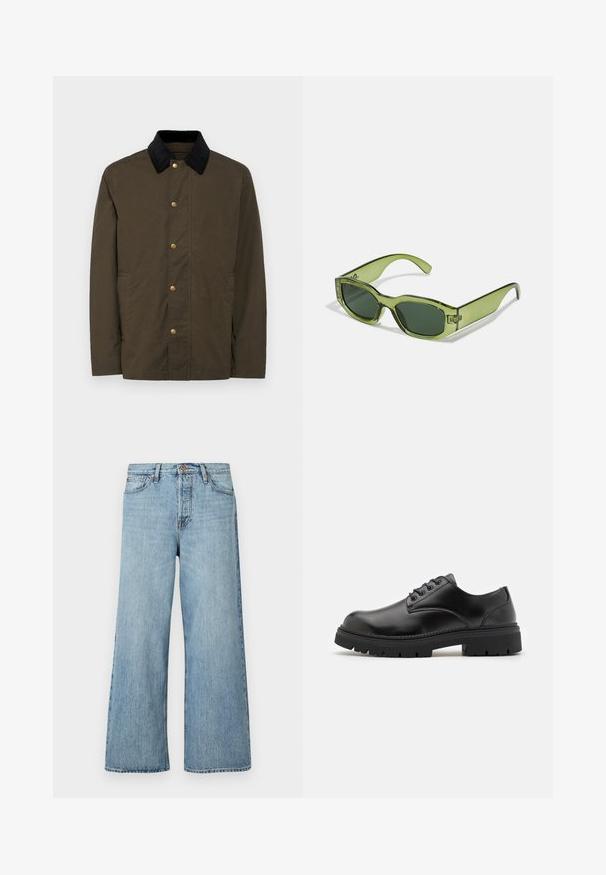 Giacca khaki con bottoni a pressione dorati, colletto in corduroy nero, tasche laterali e un design semplice e dritto. Texture liscia, materiale leggero.; T-shirt bianco in cotone con maniche corte, scollo rotondo e vestibilità rilassata. Texture liscia senza pattern o dettagli visibili.; Jeans azzurri a gamba larga realizzati in denim, con chiusura a bottone, lieve scolorimento e design a cinque tasche standard.; Scarpe in pelle nera con punta arrotondata, design lace-up e suola in gomma spessa e testurizzata. Presentano una cucitura lungo il bordo e una finitura liscia.; Occhiali da sole traslucidi verdi con montatura rettangolare, lenti verde scuro e un accento del logo di lato. Texture liscia e design moderno.