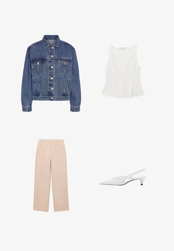Jachetă clasică din denim albastru, cu închidere prin butoane în față, două buzunare la piept și buzunare laterale. Prezintă guler, mâneci lungi și cusături vizibile.; Top alb fără mâneci, cu guler rotund, având o formă evazată și o textură netedă, realizat dintr-un material ușor. Design simplu, fără imprimeuri.; Pantaloni largi bej, confecționați dintr-un material neted, cu un față plată, bucle pentru curea și fără modele sau accesorii vizibile.; Sandale albe cu toc slingback și vârf ascuțit, având un upper neted, decupaje subtile și un toc bloc mic. Talpa neagră accentuează designul.
