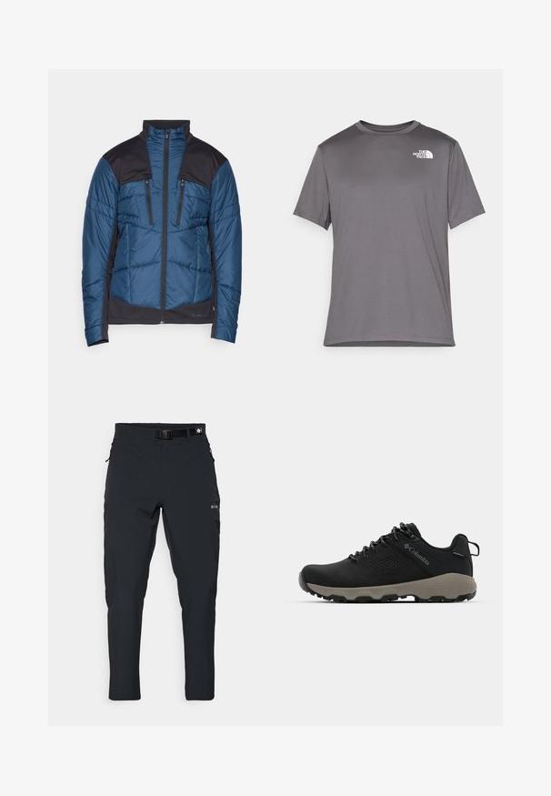 Mėlyna ir juoda izoliacinė striukė su aukštu apykakle, užtrauktuku priekyje ir dviem užtrauktukais užsegamomis krūtinės kišenėmis. Korpusas suisedas su kvadratinio rašto tekstūra.; Pilkos spalvos trumpomis rankovėmis sportinė marškinėlė, pagaminta iš lygaus, lengvo audinio. Kairėje krūtinės pusėje yra baltas logotipas. Apvalaus kaklo dizainas.; Columbia ESSENTIAL HIKE™ PANT - Lauko kelnės - black; Juodas žygio batukas su lygiu viršumi, perforuotu dizainu, pilku padu ir sustiprintu kulnu. Yra raišteliai ir kilputė, skirta patogiam užsivilkimui.
