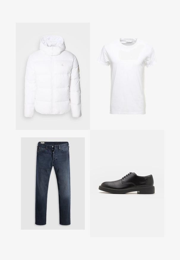 Jachetă puf albă cu fermoar frontal, guler înalt și detalii cu logo. Material texturat cu secțiuni capitonate și două buzunare laterale.; Tricou alb din bumbac cu mâneci scurte, design cu gât rotund și textură netedă. Eticheta vizibilă la gât. Stil simplu și clasic.; Jeans din denim de culoare albastru închis, cu croială dreaptă, având fermoar, butoane metalice și detalii cu nituri din cupru. Textură netedă, fără modele vizibile.; Pantofii din piele neagră, cu șireturi, au vârful rotunjit, o textură netedă, cusături minime și un toc de cauciuc scăzut. Logo pe toc.