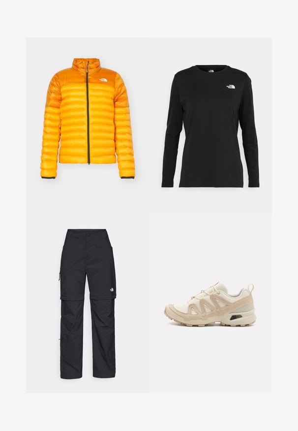 The North Face TERRA PEAK JACKET - Ziemas jaka - apricot glaze/iron citrus; Melnas garām piedurknēm T-krekls, izgatavots no kokvilnas ar apaļu kaklu. Tam ir mazs balts logo kreisajā krūtīs. Vienkāršs dizains un piegulums.; Melni nailona bikses ar noņemamām kājām, regulējamiem uzmavām, vairākām kabatām un logotipu uz labās kājas. Gluda, viegla tekstūra.; Beige un krēma sporta apavi ar strukturētu tīkla virsmu, atbalstošajiem slāņiem un gumijas zoli ar protektoru rakstu, kas nodrošina saķeri.