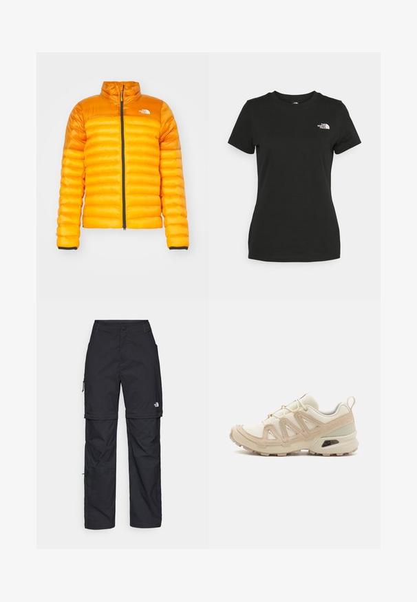 The North Face TERRA PEAK JACKET - Winter jacket - apricot glaze/iron citrus; Black cotton t-shirt featuring a crew neckline and short sleeves. Notable white logo on the upper left side. Smooth texture, casual fit.; Black nylon zip-off cargo trousers with adjustable cuffs, multiple pockets, and a logo on the right leg. Smooth, lightweight texture.; Beige and cream athletic shoe with textured mesh upper, supportive overlays, and rubber outsole featuring a tread pattern for traction.