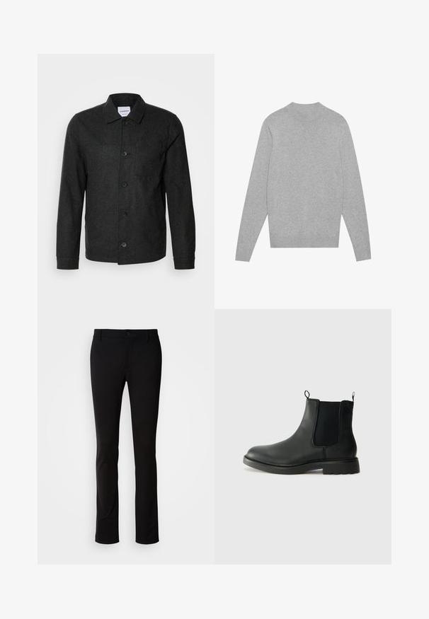 Lindbergh CROPPED LENGTH OVERSHIRT JACKET - Skraistė - black melange; Šviesiai pilkas ilgomis rankovėmis megztinis su apvali iškirpte, su ripsu ant kaklo, rankogalių ir apatinės dalies, išdėstytas plokščiai ant balto fono.; Juodos kelnės, pagamintos iš lygios medžiagos, su mygtukų uždarymu, diržo kilpomis ir tiesiomis kojomis. Nėra matomų raštų ar akcentų.; Juodos odinės Chelsea botai su elastingais šonų įdėklais, traukimo kilpomis, suapvalintu pirštu ir tekstūruotu guminio pado paviršiumi. Lygus paviršius ir tvirtas dizainas.