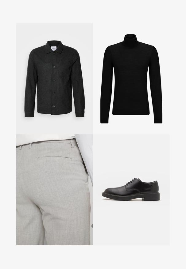 Lindbergh CROPPED LENGTH OVERSHIRT JACKET - Vasaras jaka - black melange; Melnā augstā kakla džemperis, kas izgatavots no mīksta materiāla, ar garām piedurknēm un pieguļušu piegriezumu. Ribota apdare ap apakšu un piedurknēm. Vienkāršs dizains.; Gaiši pelēkas pielāgotas bikses no teksturēta auduma, ar vienu aizmugurējo kabatu un tīru šuvju apdari.; Melna āda sašūta kurpe ar noapaļotu purngalu, gludu tekstūru, minimālu šuvju skaitu un zemu gumijas papēdi. Logo uz papēža.