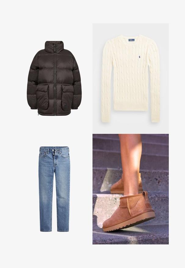 Daunenjacke in Dunkelbraun, mit hohem Kragen, Frontreißverschluss und zwei großen Klappentaschen mit gestepptem Muster.; Cremefarbener kabelgehäkelter Pullover mit langen Ärmeln, gerippten Bündchen und Saum, mit einem kleinen gestickten Logo auf der linken Brust.; Helle blaue Jeans im geraden Schnitt, mit fünf Taschen und einem Knopfverschluss. Sie weisen dezente Verfärbungen und orangefarbene Nähte auf.; Beige Wildleder-Ankelstiefel mit weicher Textur, gesteppten Details und einer Gummisohle, ausgestattet mit einer Schlaufe an der Ferse für einfaches An- und Ausziehen.