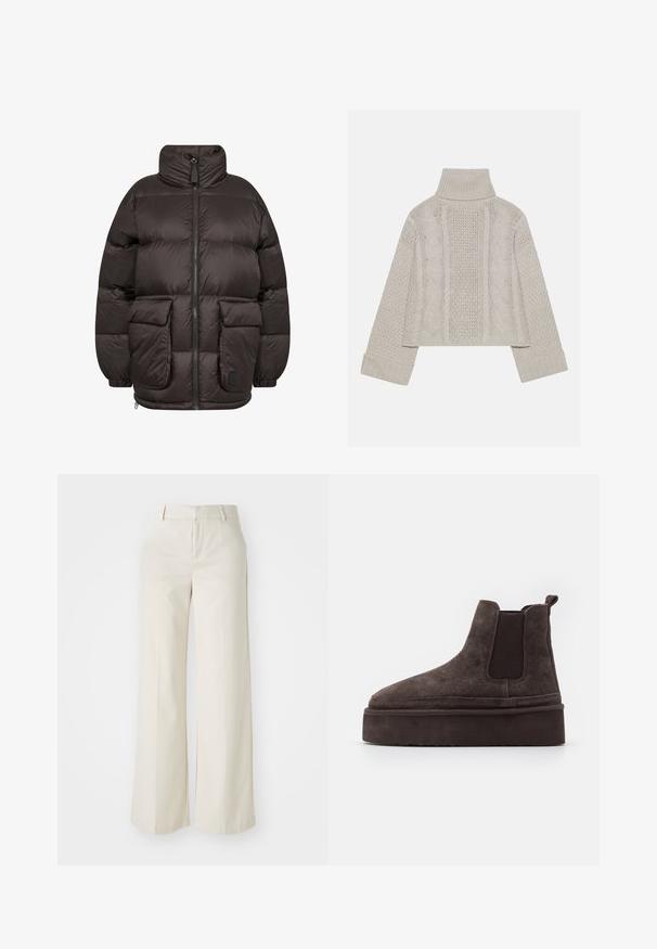 Jachetă puffer de culoare maro închis, cu guler înalt, fermoar frontal și două buzunare mari cu clapetă, având o textură matlasată.; Pulover tricotat, de culoare gri deschis, cu guler înalt și manșete ribbrate, având modele texturate de cabluri pe spate și pe laturi.; Pantaloni cu picioare largi, de culoare bej deschis, dintr-un material neted. Prezintă un brâu clasic și un față plată cu linii curate.; Cizme Chelsea din suede maro, cu panouri elastice pe laterale și o talpă groasă, texturată. Dispun de un obiect de prindere la călcâi pentru a facilita îmbrăcarea.