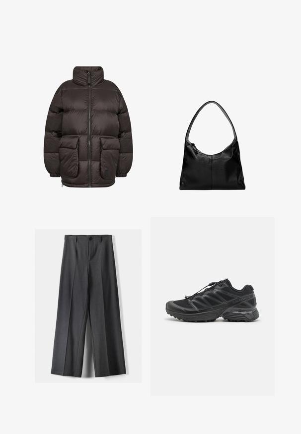 Pufferjack in donkerbruin, met een hoge kraag, een ritssluiting aan de voorkant en twee grote klepzakken met een gewatteerde textuur.; Witte T-shirt met lange mouwen, gemaakt van katoen. Heeft een ronde halslijn, een normale pasvorm en een minimalistisch ontwerp zonder patronen of zichtbare hardware.; Wijde broek in donkergrijze stof, met een knoopsluiting, voorplooien en riemlussen. Gladde textuur met een op maat gemaakte uitstraling.; Zwarte hardloopschoenen met een bovenwerk van mesh en synthetisch materiaal, een flexibele buitenzool en elastische veters. Heeft een gevoerde tussenzool voor comfort.; Zwarte leren schoudertas met een gladde textuur, een gebogen bovenkant en een enkele schouderband. Voorzien van een ritsluiting en een minimalistisch design.
