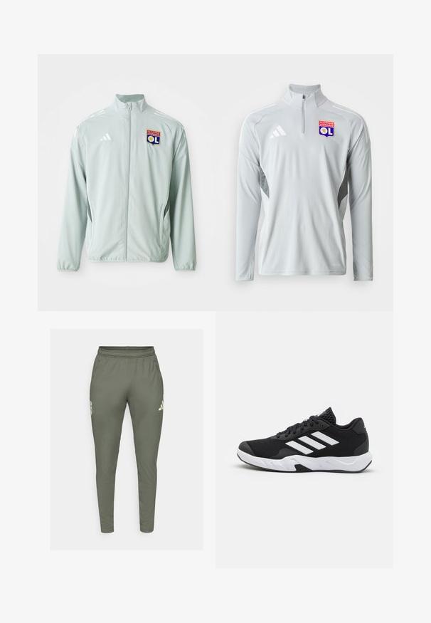 Lichtgroene sportjack met een opstaande kraag, voorzien van witte adidas-strepen en een logo van Olympique Lyonnais op de linkerborst.; Lichtgrijze lange mouwen sportpullover met een halve rits kraag, met witte zijaccenten en een geborduurd Olympique Lyonnais logo.; Olijfgroene trainingsbroek met een slim fit, elastische tailleband en zijzakken. Bevat een logo op de linker dij en contrasterende accenten.; Zwarte sportieve schoenen met een geperforeerde mesh bovenkant, witte accentstrepen, een gevoerde zool en een versterkte hiel voor extra ondersteuning.