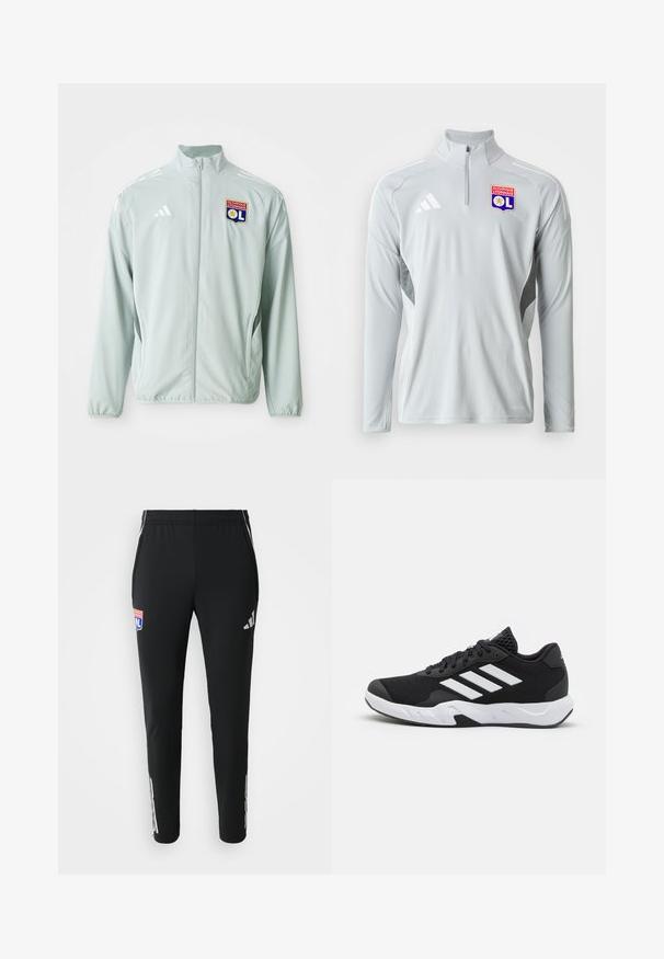 Ljust grönt sportjacka med ståkrage, med vita adidas-ränder och en Olympique Lyonnais-logotyp på vänster bröst.; Ljusgrå långärmad sportpullover med halvdragkedja, med vita sidodetaljer och en broderad Olympique Lyonnais-logga.; Svarta träningbyxor med smal passform. Har en grå Adidas-logotyp på sidorna och en färgglad lag-emblem på framsidan. Tillverkade av ett mjukt, elastiskt material.; Svarta sportskor med ett texturerat nätövre, vita accentlinjer, en dämpad sula och en förstärkt häl för stöd.