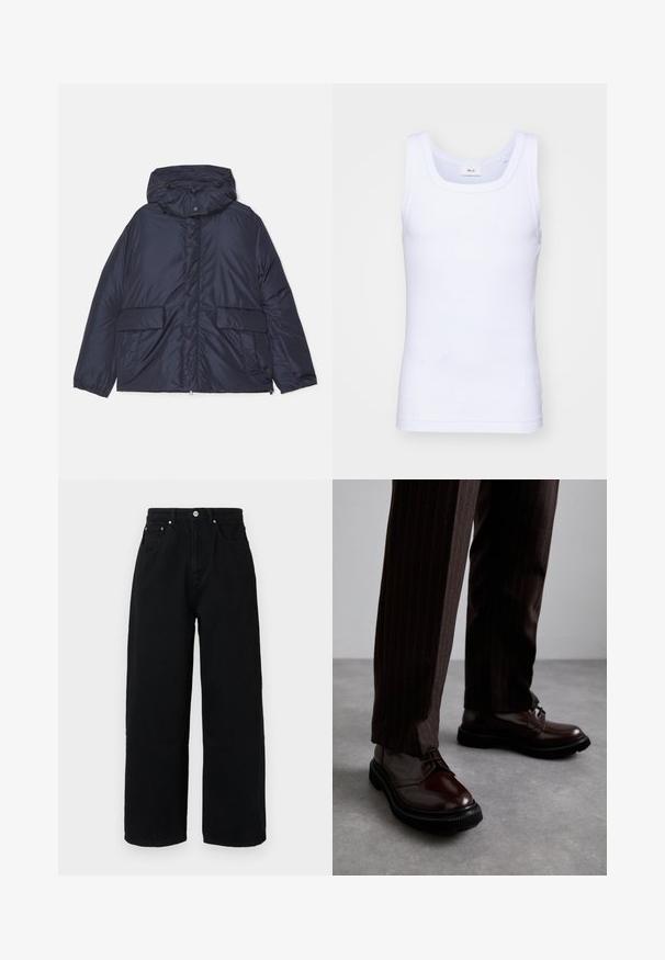 ASPESI GIUBBOTTO BYRON - Down jacket - navy; White cotton sleeveless tank top with a round neckline, featuring a smooth texture and a fitting shape, designed for casual wear.; Black wide-leg pants made of cotton, featuring a high waist, front pockets, silver-tone button, and clean hemline.; Brown leather lace-up shoes with a glossy finish, black rubber sole, and subtle stitching. Worn with pinstriped brown trousers.