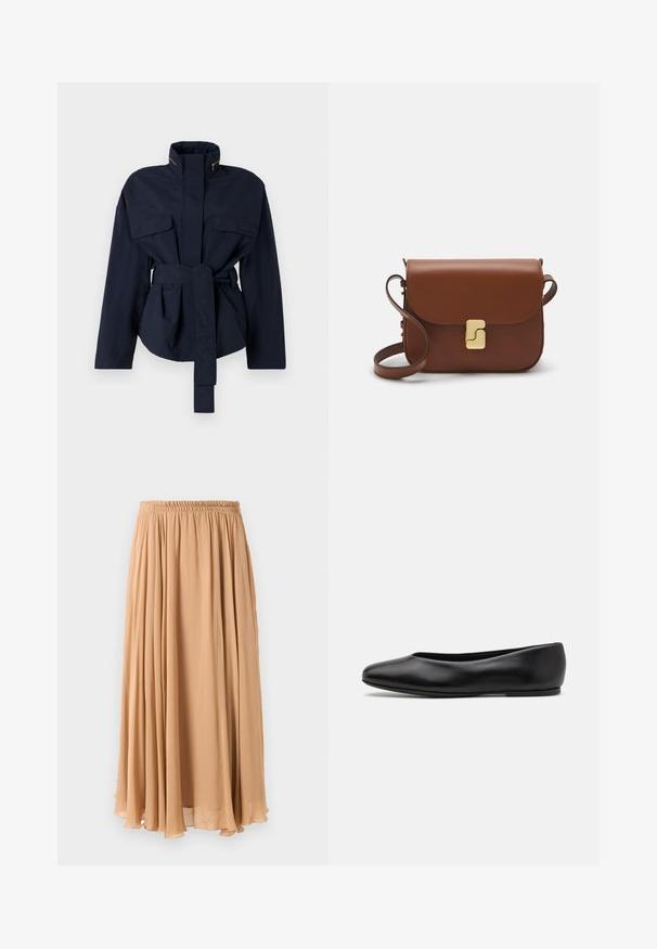 Marinblå bältesjacka i en mjuk tyg, med två bröstfickor, hög krage och en avslappnad passform med en åtstramad midja.; Ljusbeige kortad tröja med dragkedja i mock neck, med ett strukturerat mönster samt ribbade mudd och nederkant. Kombinerar stickade och vävda material.; Maxikjol i ljusbeige, tillverkad av fladdrande tyg. Har en samlad elastisk midja och mjuka veck för rörelse.; Paul Smith TOPANGA - Ballerinaskor - black; Brun läderhandväska med klaffstängning, guldfärgad hårdvara, axelrem och en slät yta. Kompakt rektangulär form.