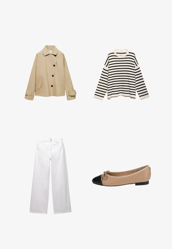 Bež pametni jopič z širokim ovratnikom, dolgimi rokavi, črnimi gumbi in sprednjim žepom; sproščen kroj in minimalni šivi.; Pulover s prugastim vzorcem, ki združuje črno in krem belo barvo, narejen iz teksturirane tkanine, z dolgimi rokavi in okroglo izrezom.; Bele široke jeans hlače iz denima. Imajo gumbasto zapiranje, sprednje in zadnje žepe ter šivane šive. Gladka tekstura z minimalnimi detajli.; Balerinka iz bež usnja z črnim kapicom. Ima podrobnost z lokom spredaj in gladko teksturo. Nizka oblika z gumijastim podplatom.
