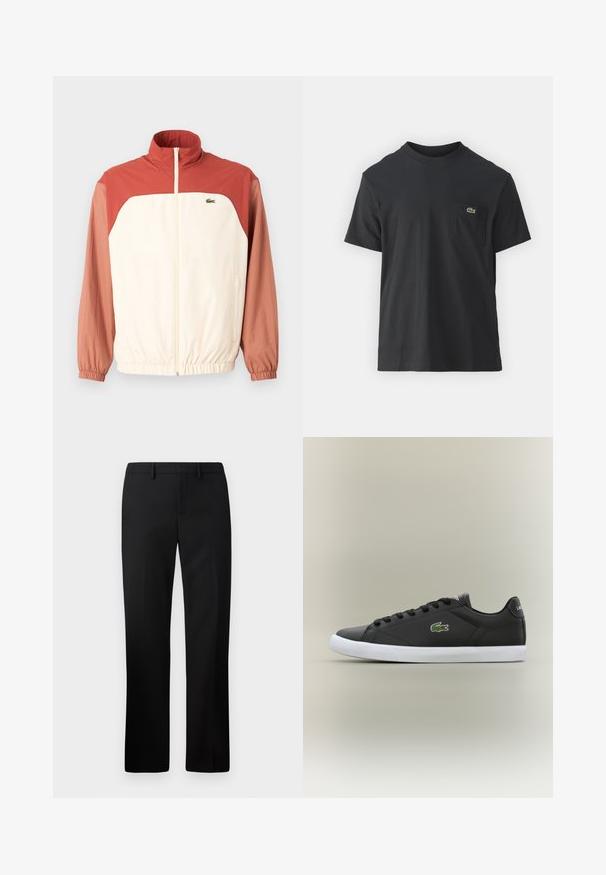 Vindjakke i krem med rødbrune ermer, frontglidelås, høy krage, elastiske mansjetter og subtil logoakkent på brystet.; Svart bomull t-skjorte med korte ermer, rund hals og en liten grønn logo på venstre brystlomme. Enkelt design, normal passform.; Sorte skreddersydde bukser med rette ben, laget av glatt stoff. Funksjoner inkluderer flat front og middels høy livlinje.; Svarte lær sneakers med hvit gummisåle, med grønt krokodillelogo og runde snører, elegant design med glatt tekstur.